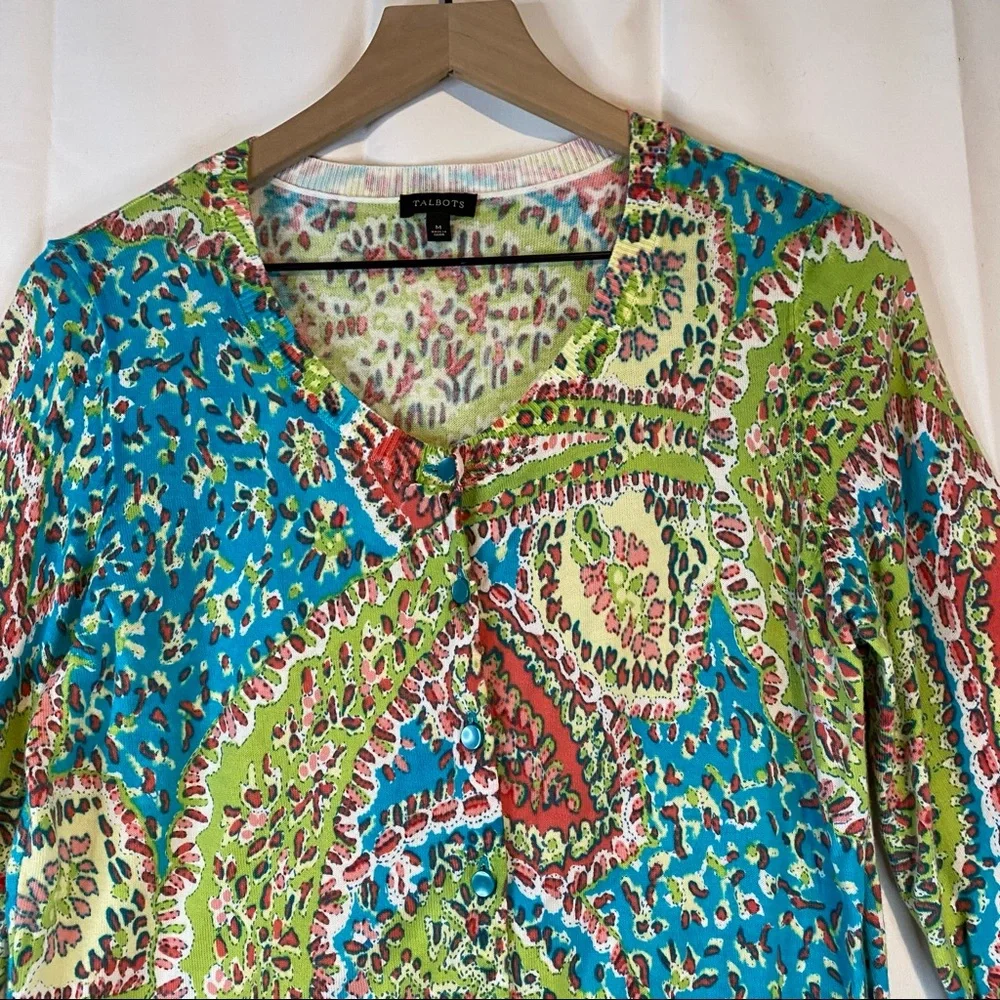 TALBOTS Women’s Size M Medium Sweater Cardigan 3/4 Sleeve Floral Mosiac - Picture 7 of 16